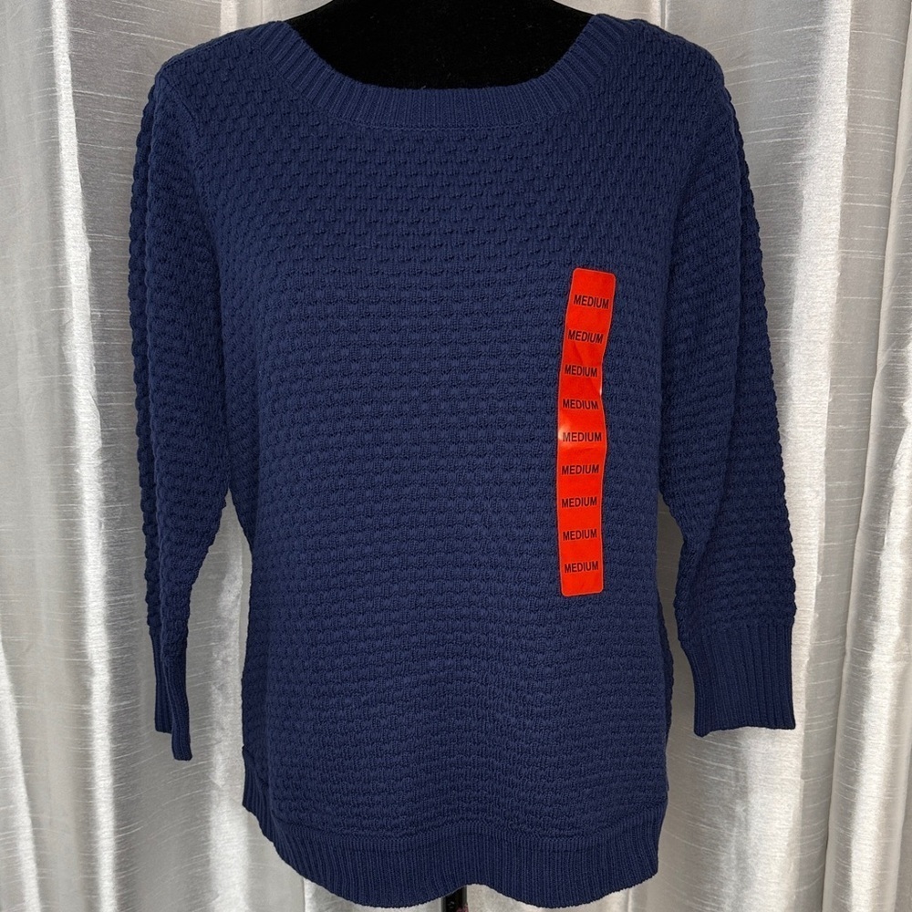 Fever British Blue Chunky Knit Boatneck 3/4 Sleeve Sweater Acrylic Blend Sz M